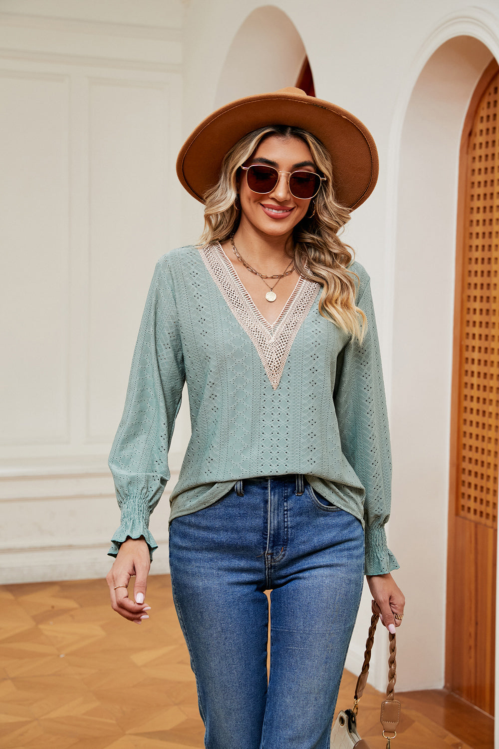 Contrast crochet V-neck eyelet blouse with flounce cuffs
