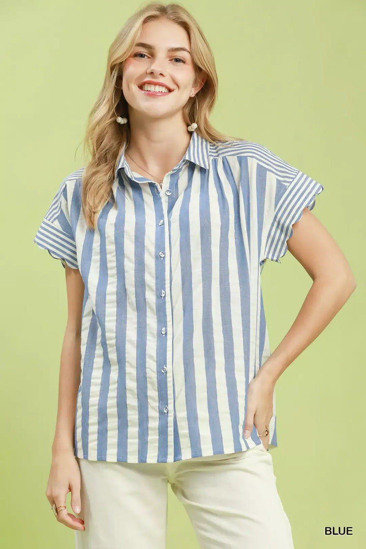 BLUE Striped flutter sleeve button-front cotton top