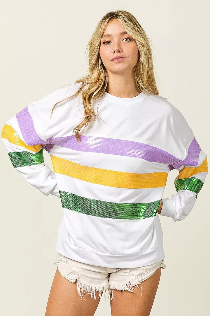 Sequin stripe Mardi Gras crewneck sweatshirt