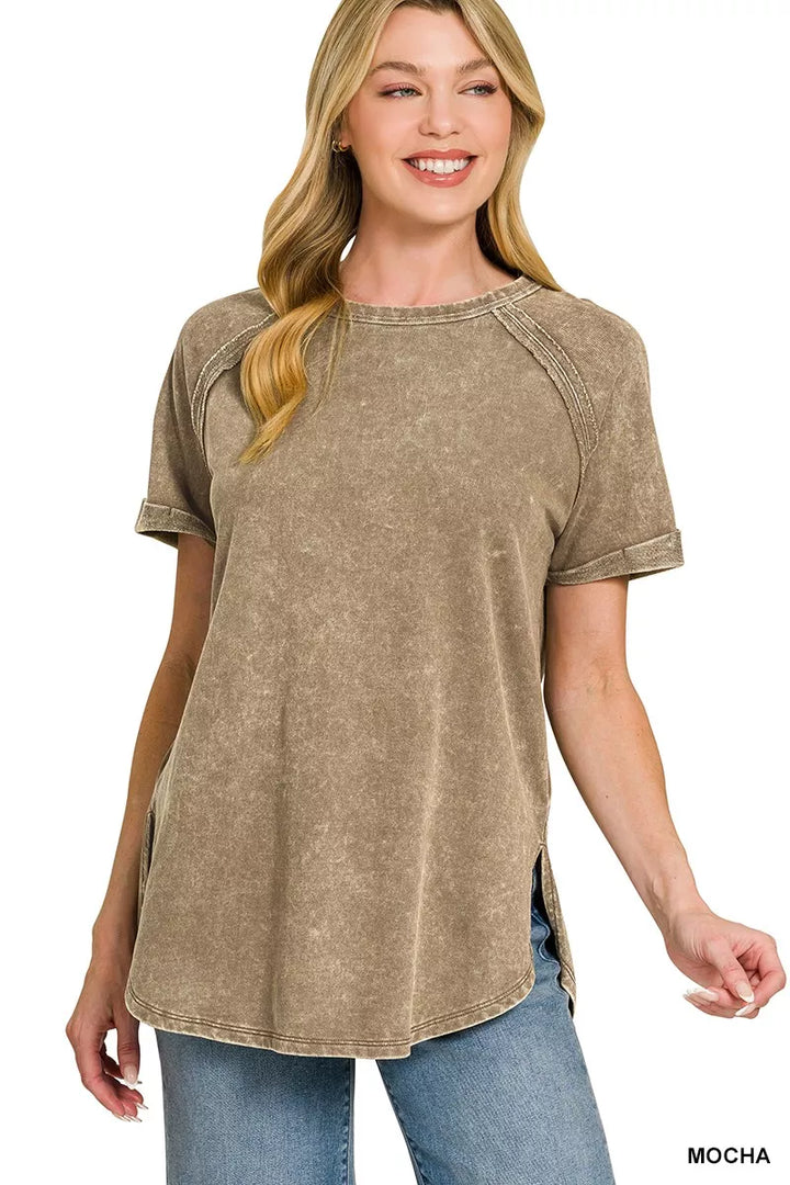 MOCHA Washed French terry curved-hem top with side slits