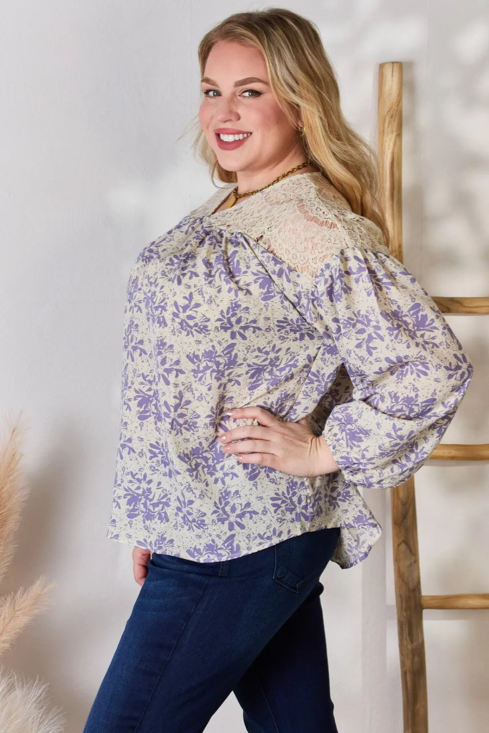 Floral print blouse with lace yoke and balloon sleeves