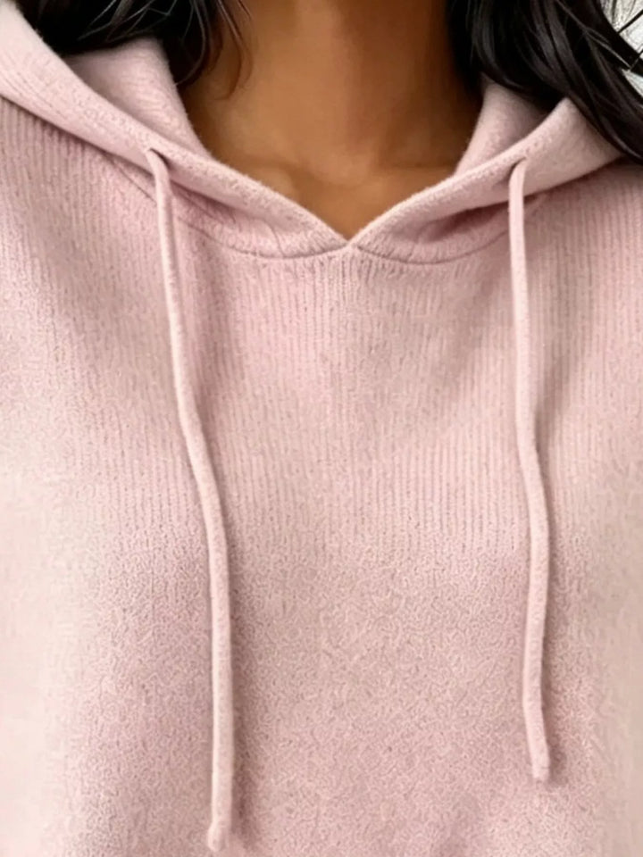 Drawstring hooded knit pullover sweater with ribbed trim