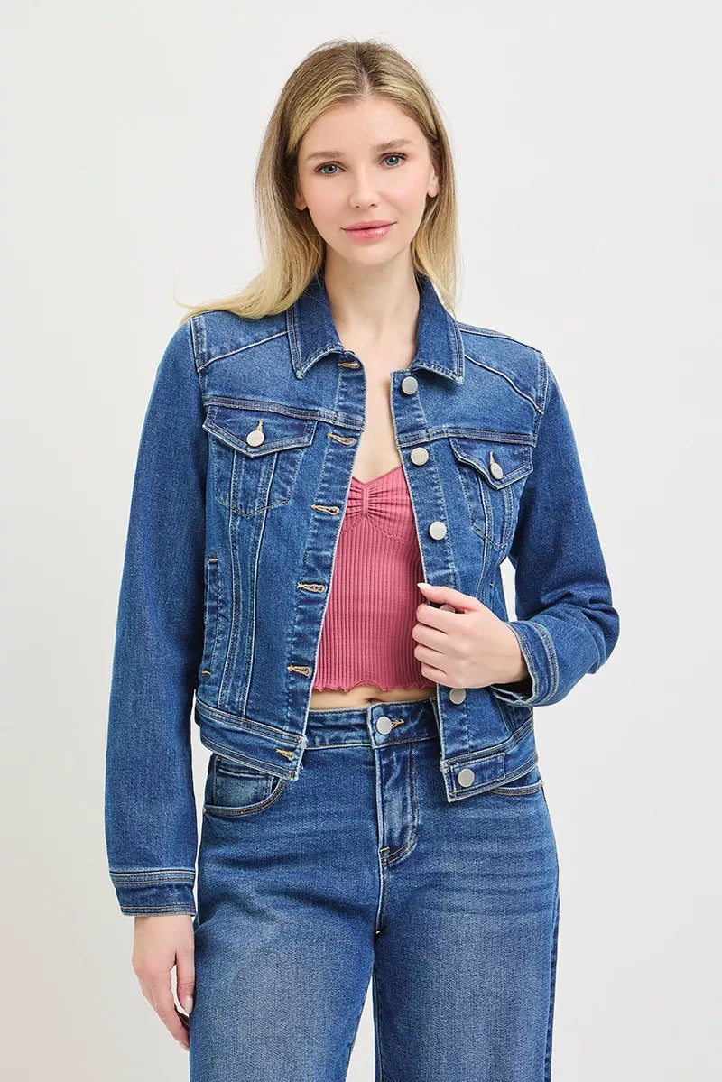 Fitted button-front denim jacket with chest pockets