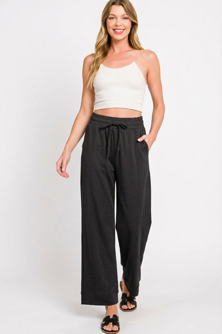 Wide-leg drawstring scuba pants with pin tuck seams