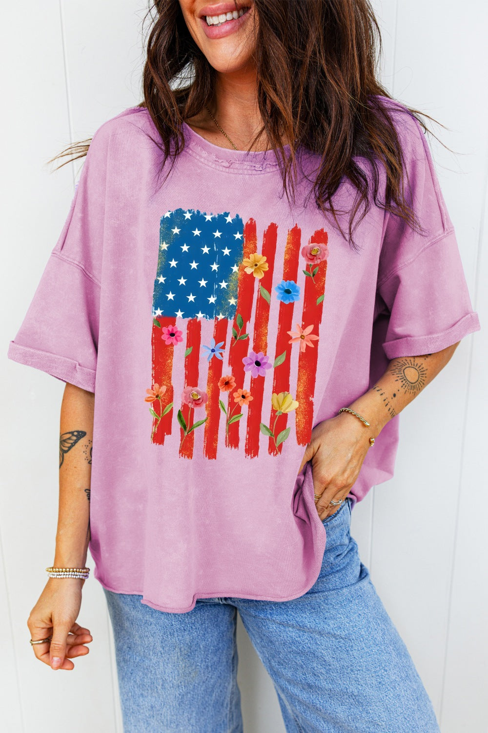 Pink Purple Floral American flag graphic tee with raw hem