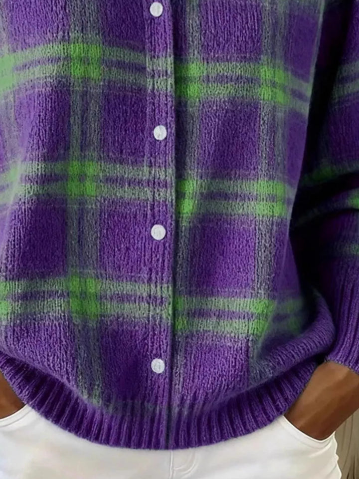 Plaid button-down knit cardigan with ribbed cuffs and hem