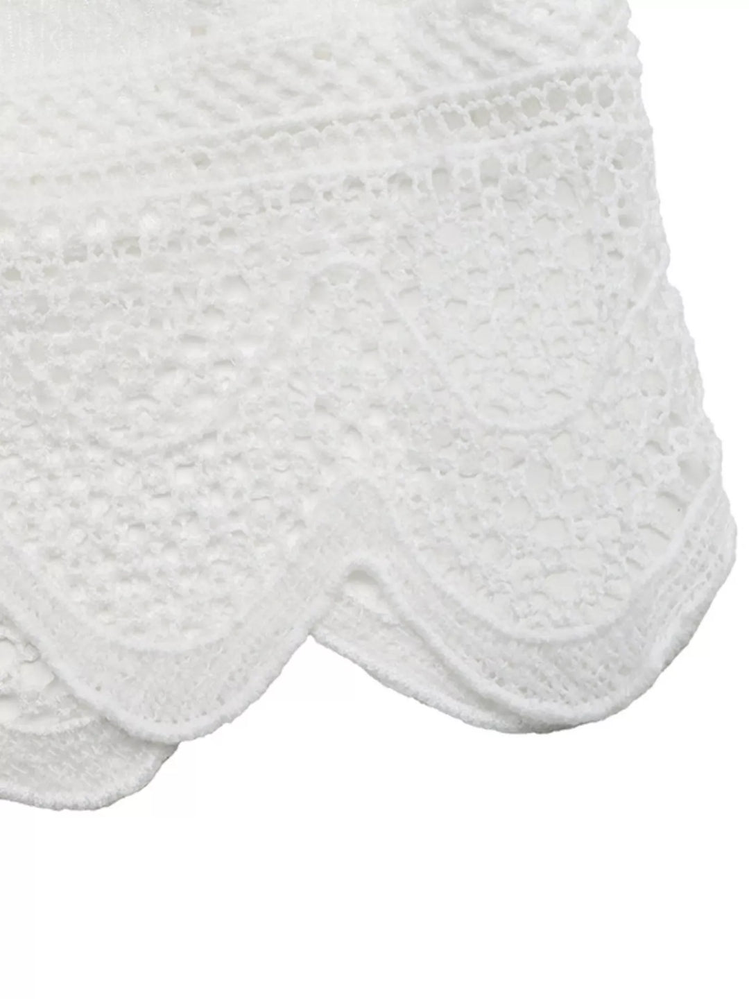 Eyelet ruffle-sleeve button-up crop top with scalloped lace hem