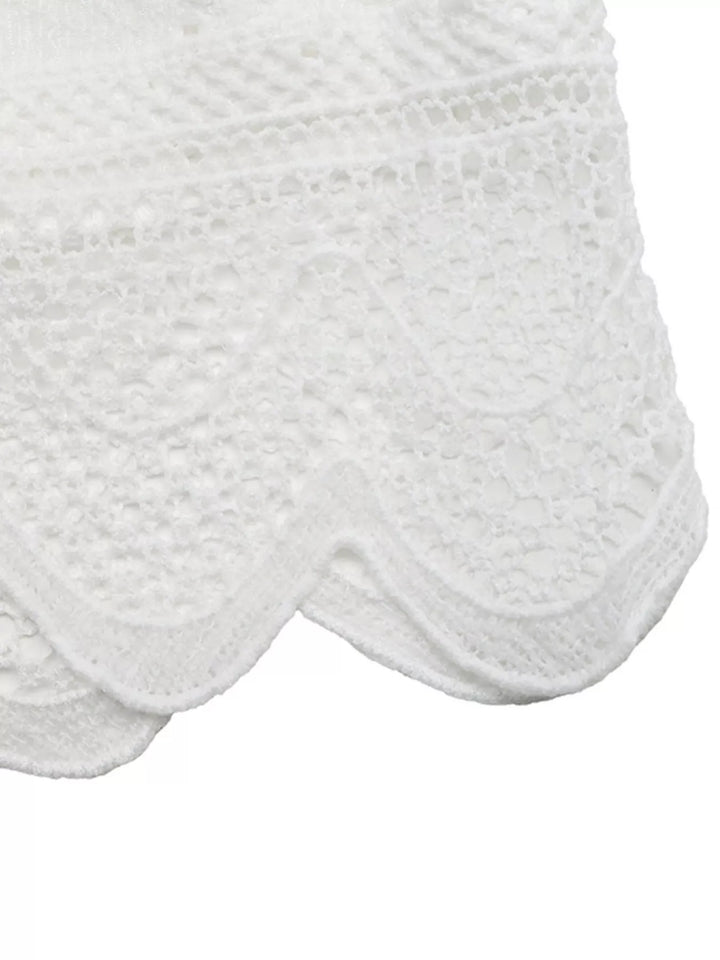 Eyelet ruffle-sleeve button-up crop top with scalloped lace hem