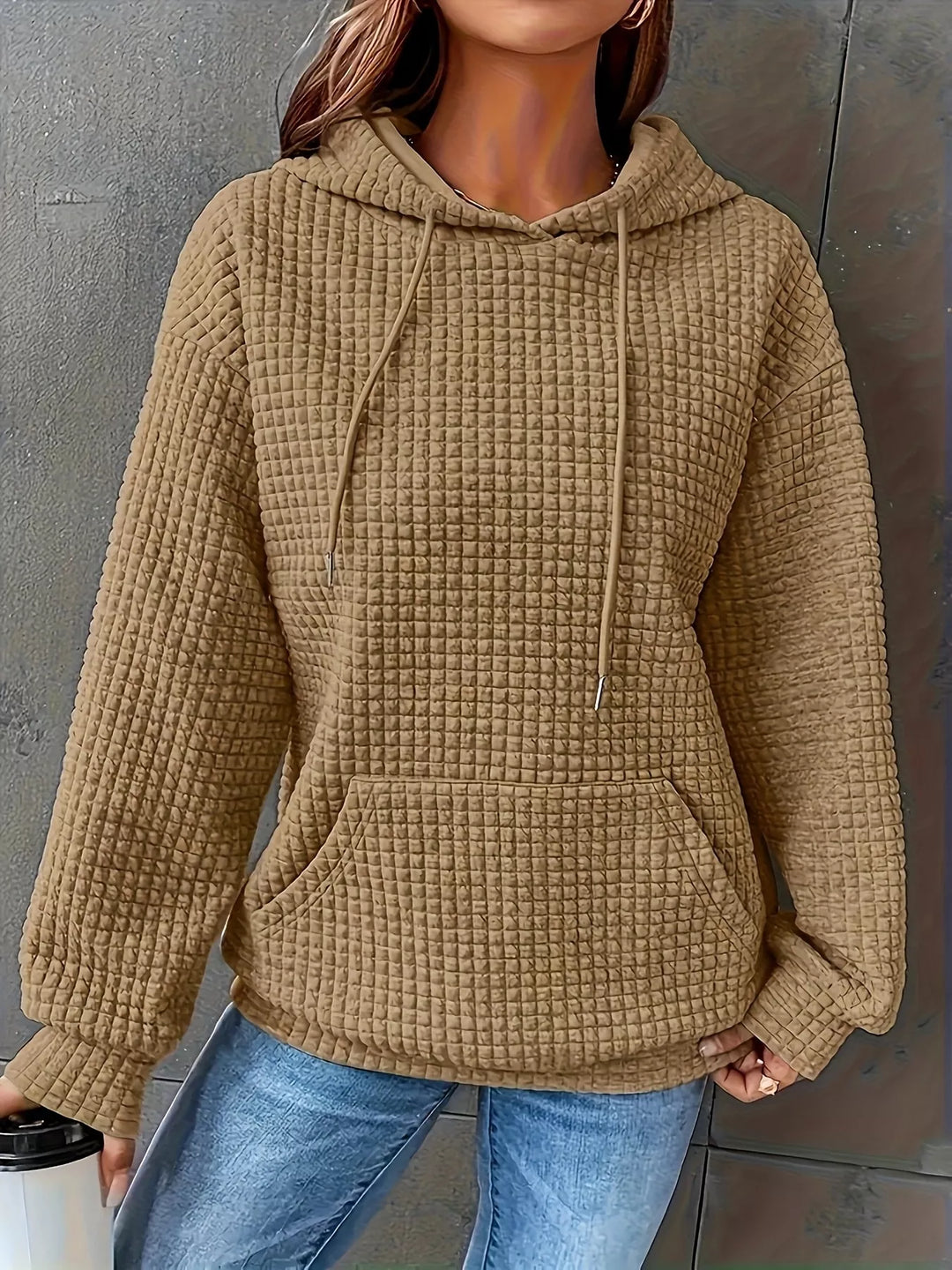 Textured waffle knit drawstring hoodie with kangaroo pocket
