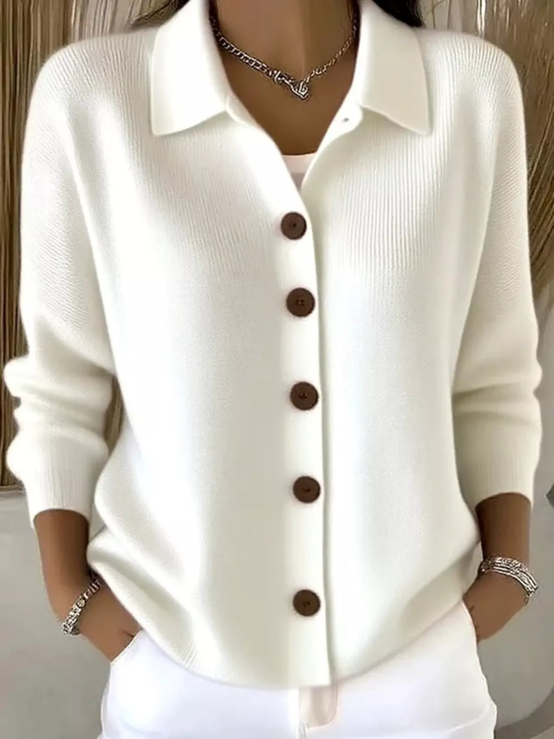 White Collared button-front knit cardigan with contrast buttons