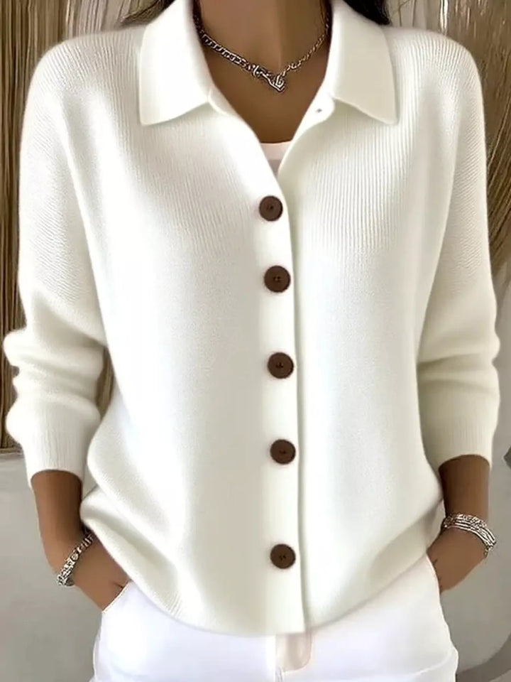 White Collared button-front knit cardigan with contrast buttons