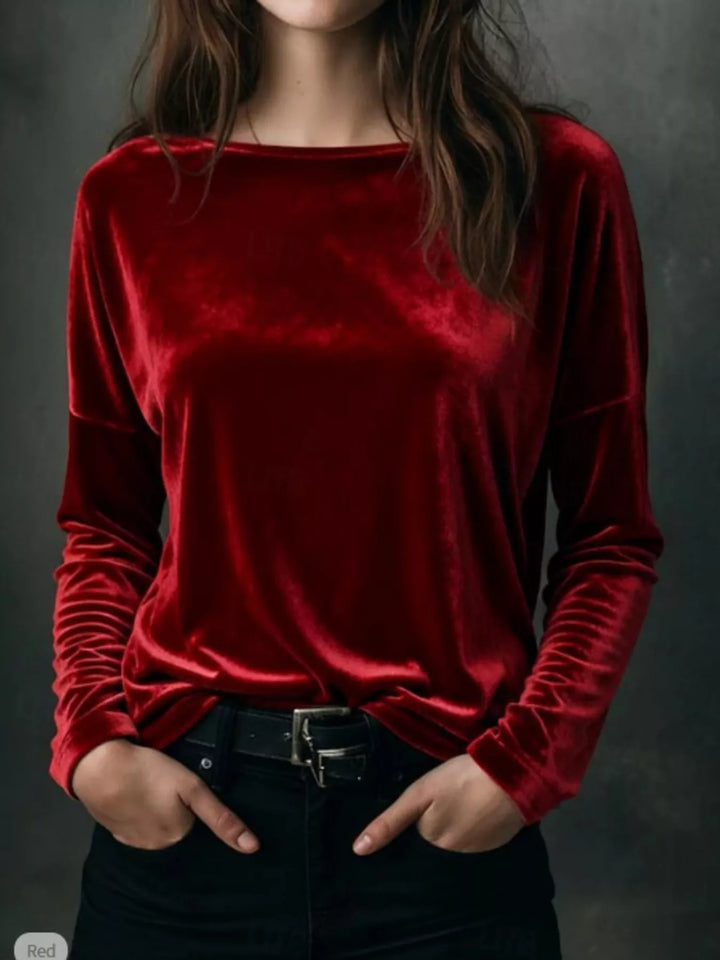 Wine Red Velvet long sleeve boat neck top with dropped shoulders