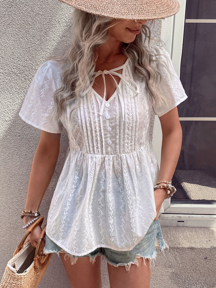 White Eyelet tie-neck puff sleeve peplum blouse