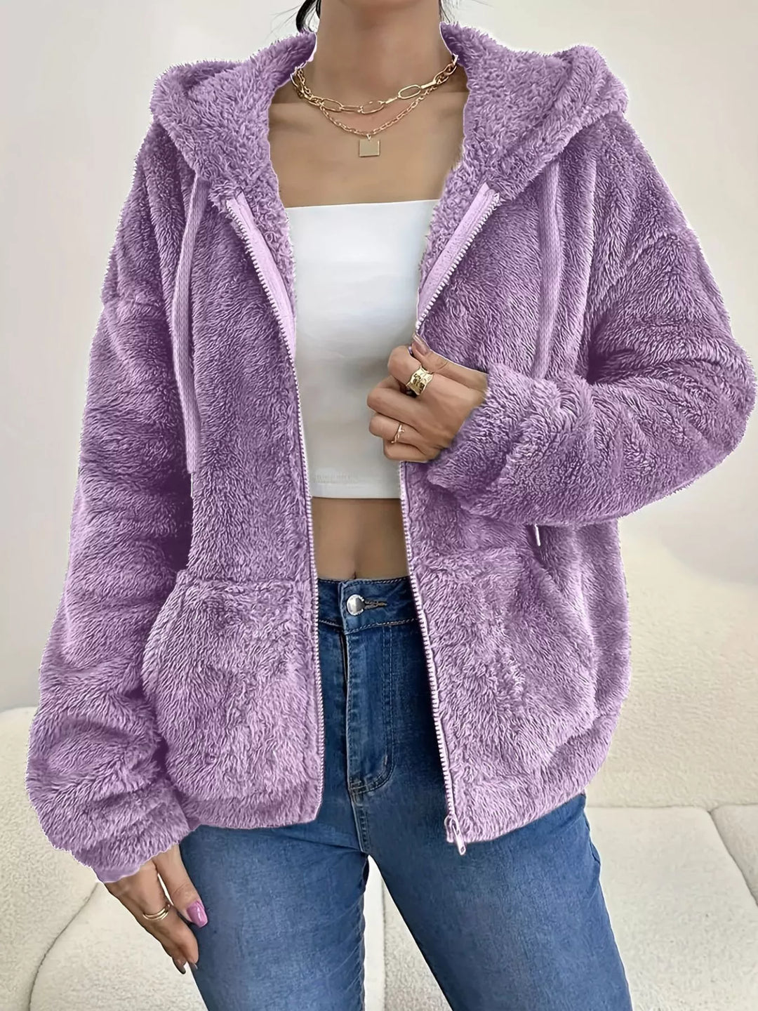 Lilac Fuzzy fleece hooded zip-up jacket with front pockets