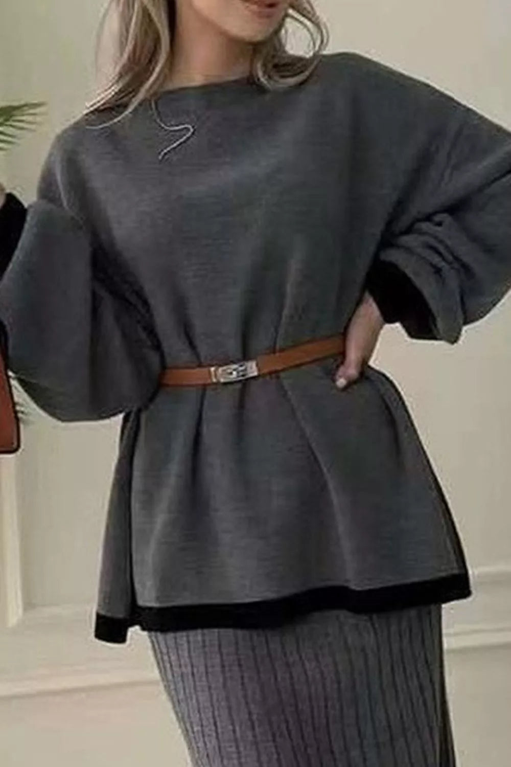 Contrast trim knit sweater top and ribbed maxi skirt set