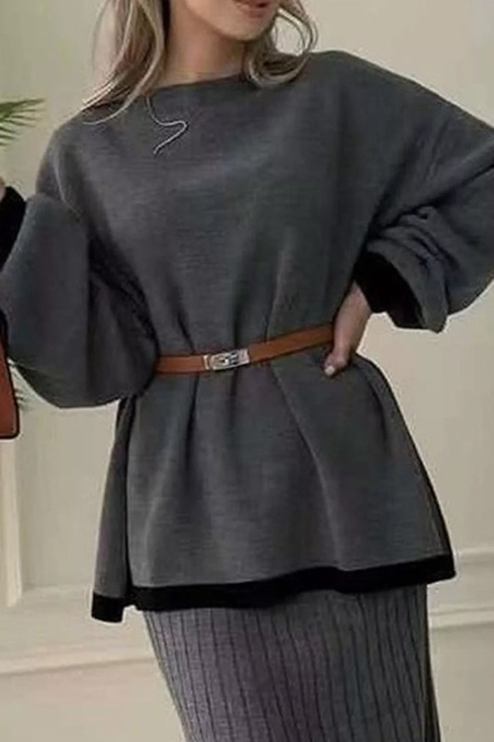 Contrast trim knit sweater top and ribbed maxi skirt set