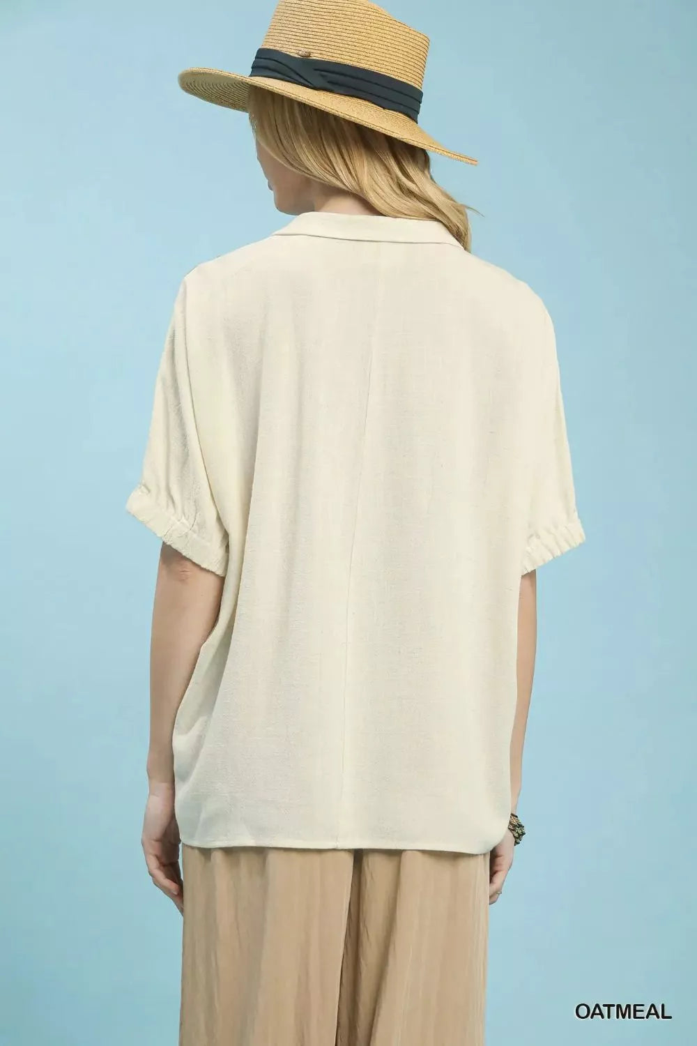 Floral embroidered puff sleeve blouse with split collar
