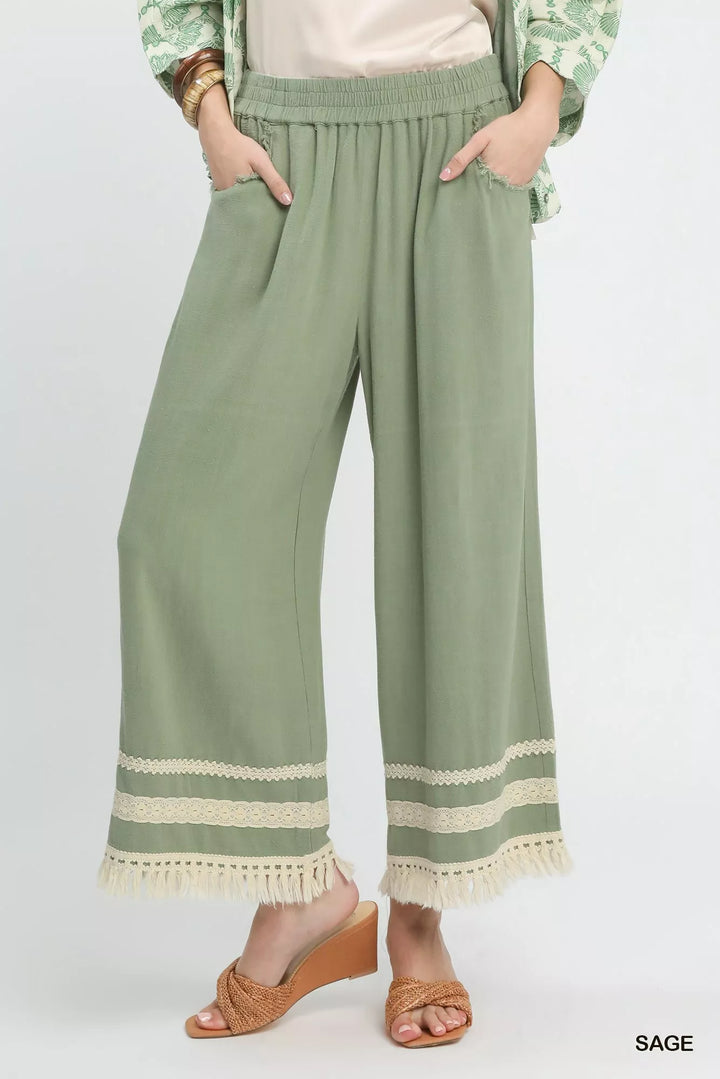 SAGE Lace trim fringe hem wide-leg linen blend pants