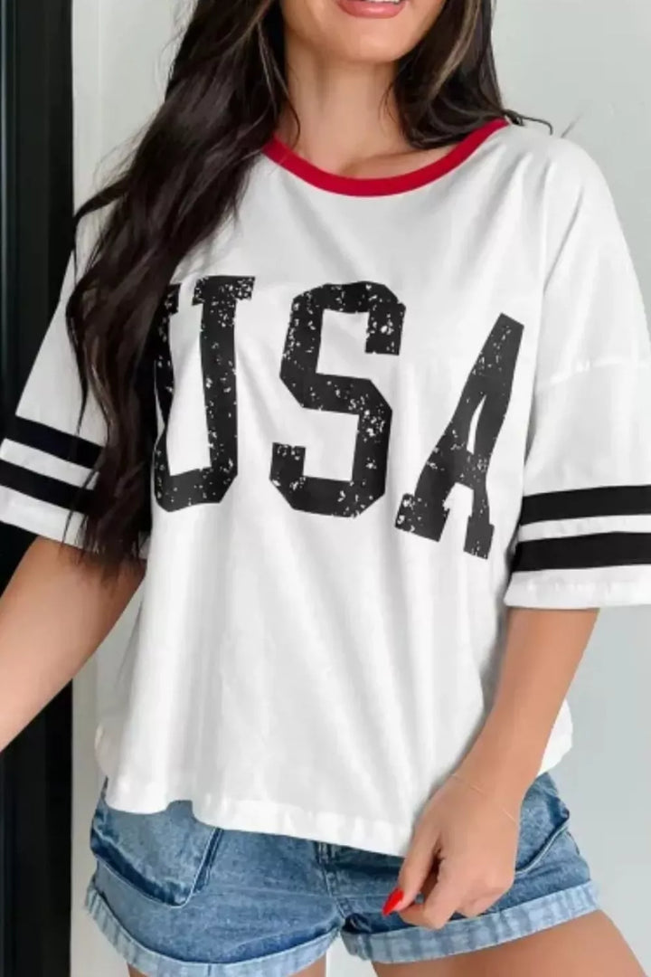 Distressed USA graphic varsity tee with striped sleeves
