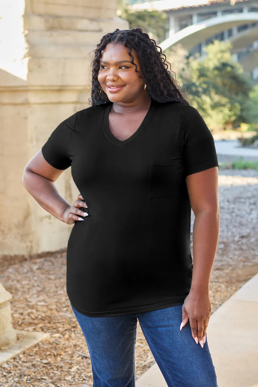 V-neck short sleeve bamboo tee with chest pocket