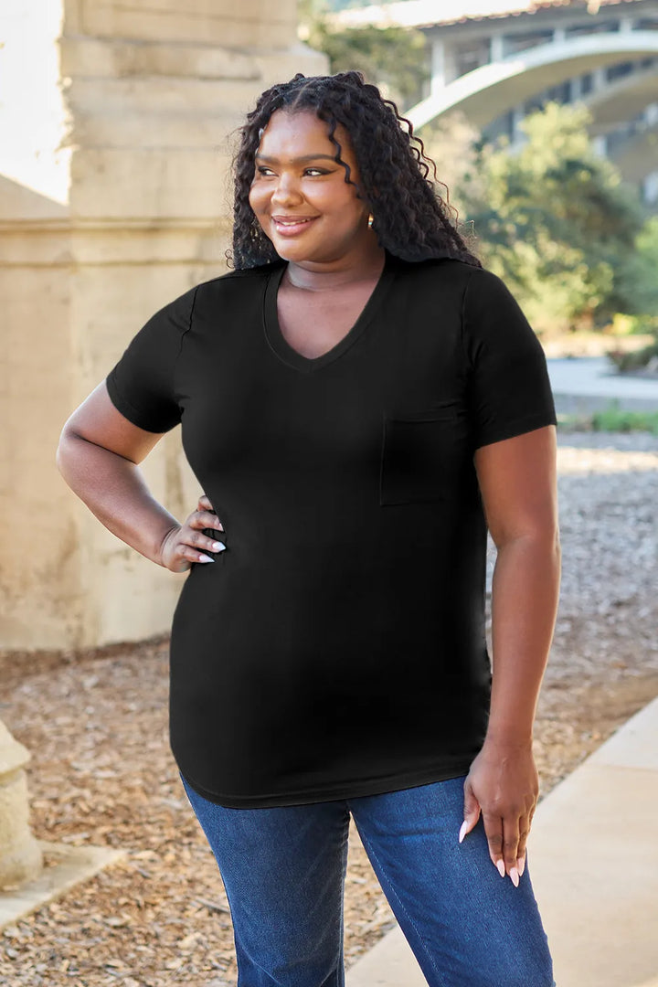 V-neck short sleeve bamboo tee with chest pocket