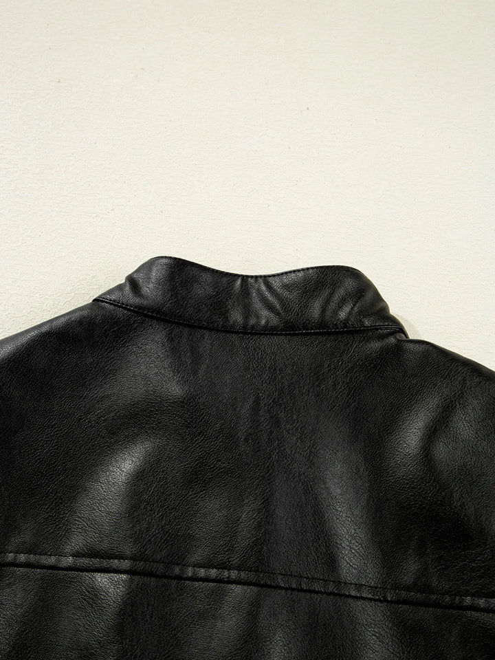 Faux leather snap-front boxy shirt jacket