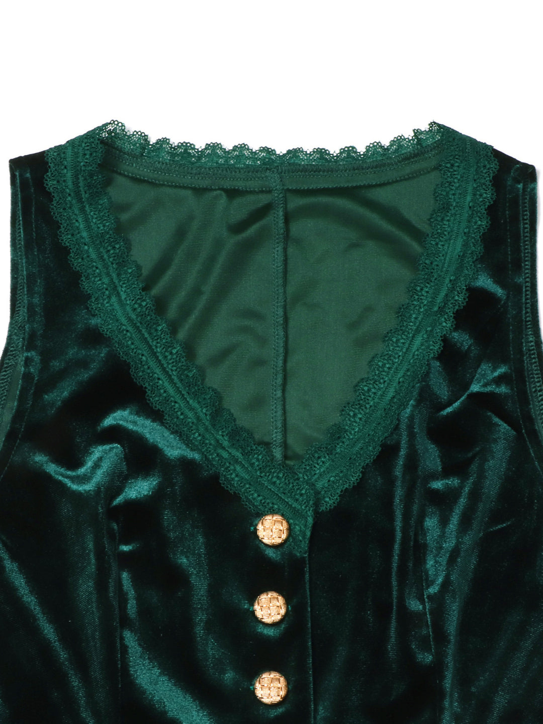 Lace-trim velvet vest top with gold buttons