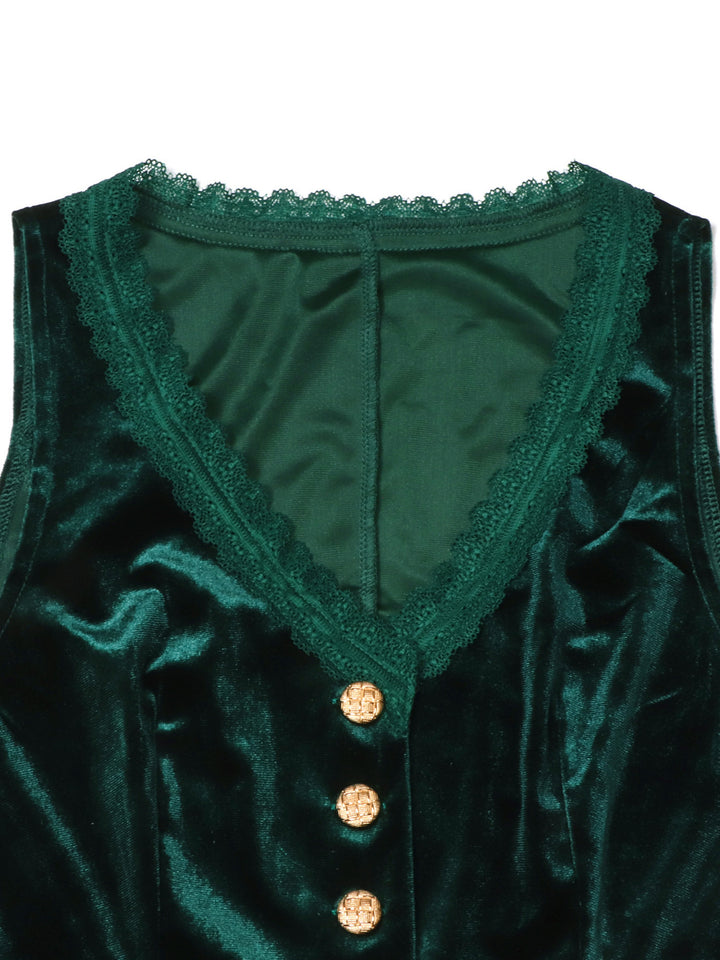Lace-trim velvet vest top with gold buttons