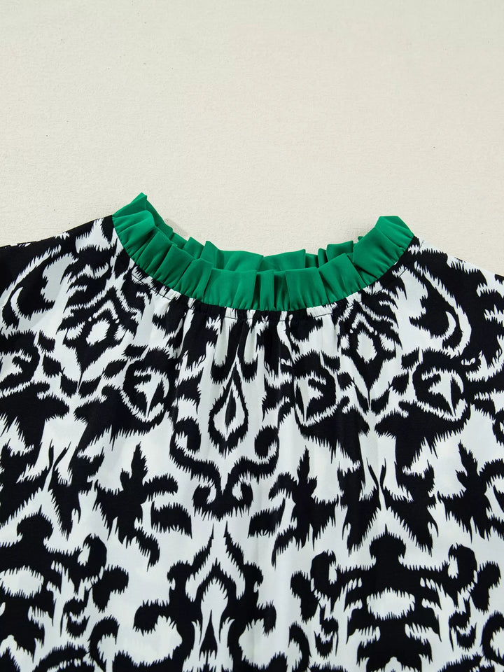Ruffle contrast trim damask print puff sleeve blouse