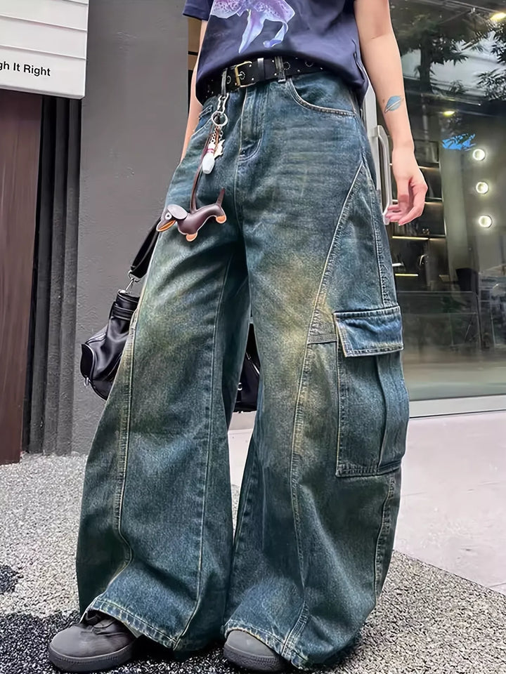 Sea blue Distressed vintage wash wide leg cargo jeans