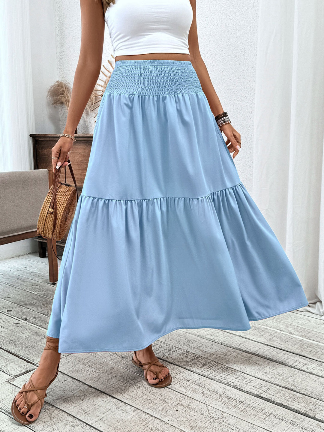 Light Blue Smocked high-waist tiered ruffle maxi skirt