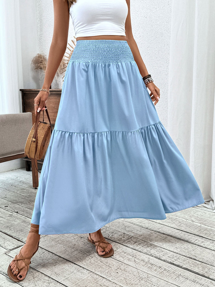 Light Blue Smocked high-waist tiered ruffle maxi skirt
