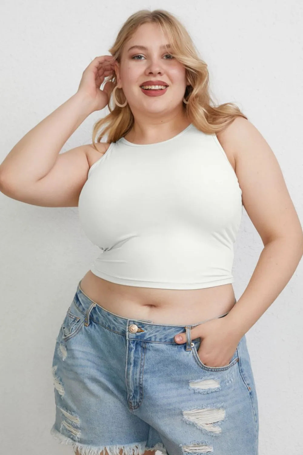 Slim-fit round neck tank top with high neckline