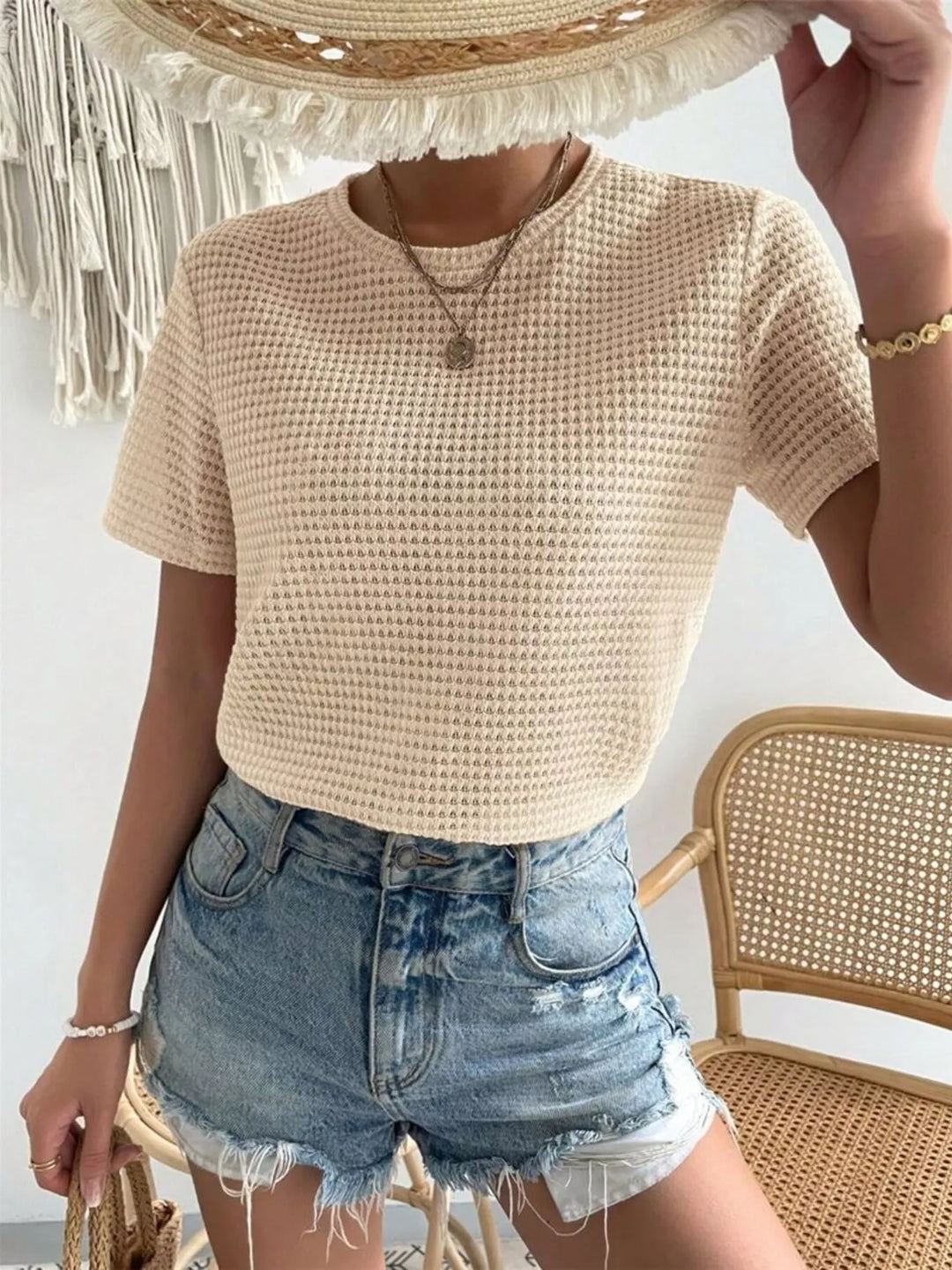 Black Waffle knit crew neck short sleeve top