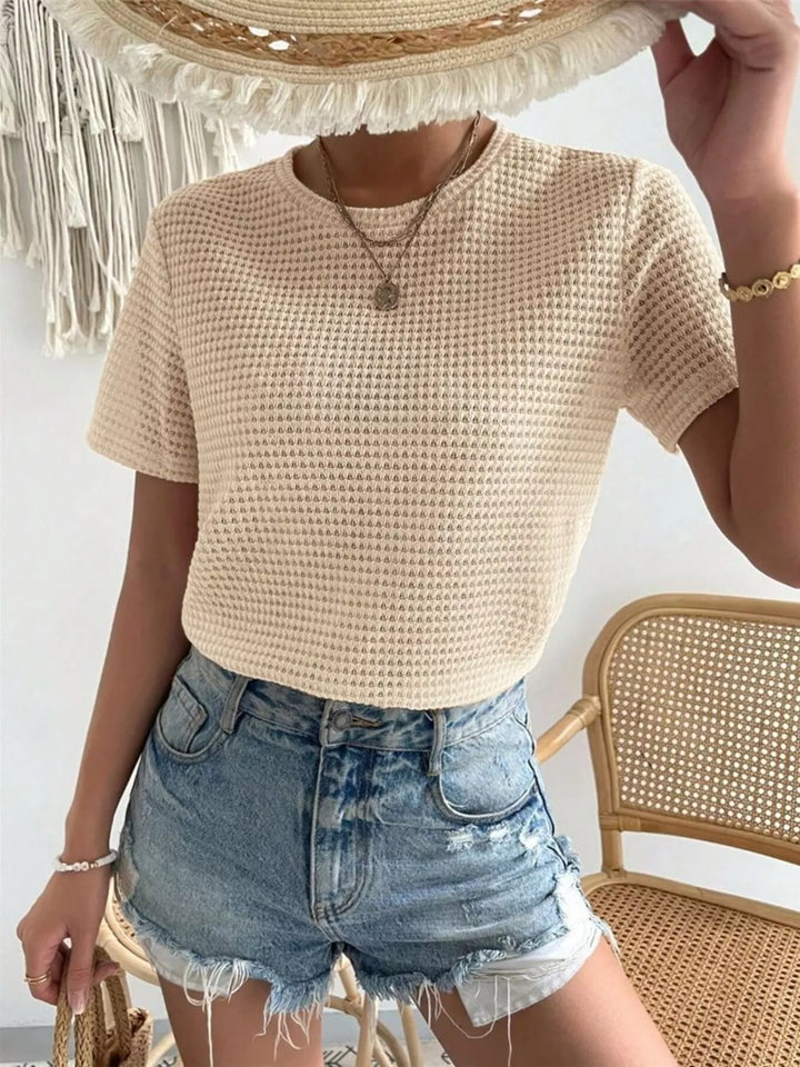 Black Waffle knit crew neck short sleeve top