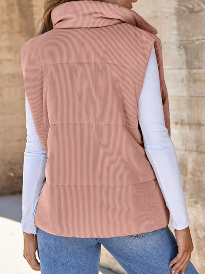 Corduroy stand collar zip-up puffer vest