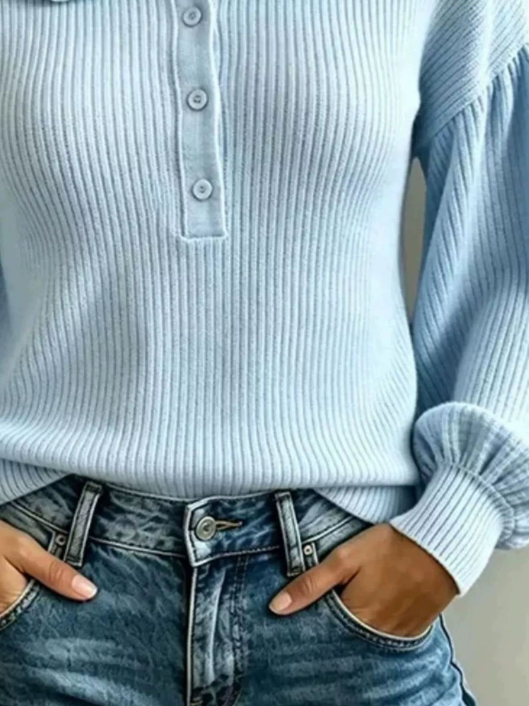 Ruffle collar ribbed knit sweater with button placket