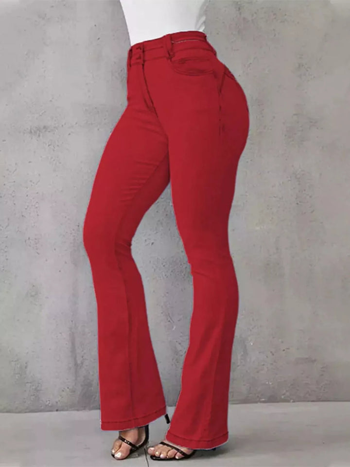 Red High-rise stretch flare jeans with double-button waist