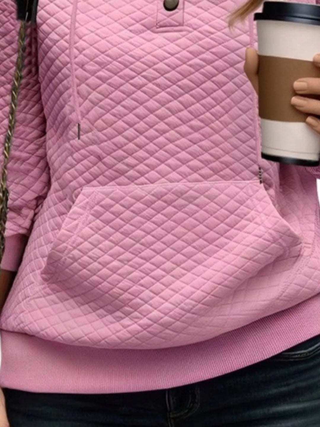 Diamond-textured drawstring pullover hoodie with button placket
