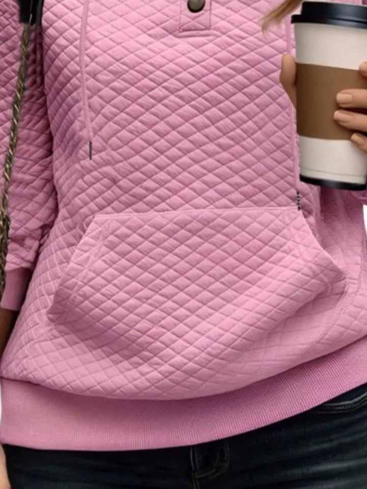 Diamond-textured drawstring pullover hoodie with button placket