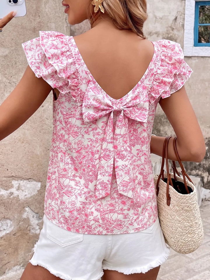 Floral print ruffle cap sleeve blouse with square neckline