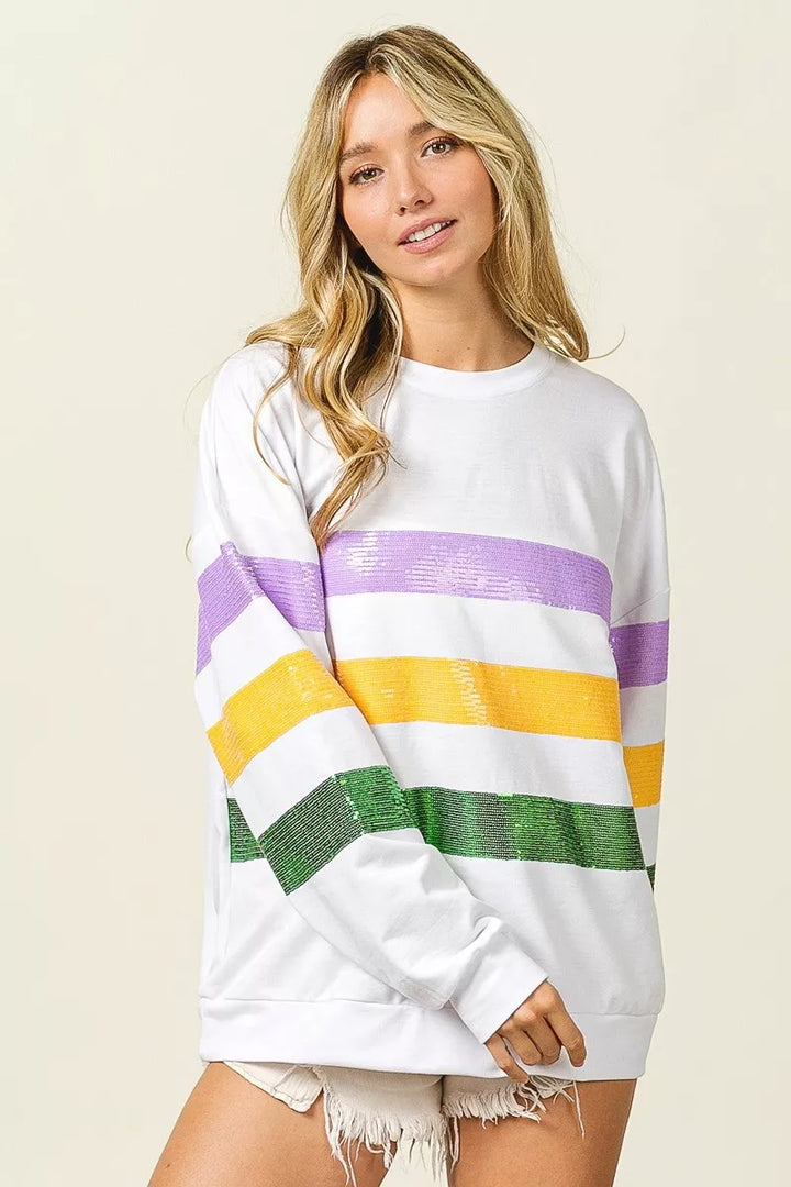 Sequin stripe Mardi Gras crewneck sweatshirt
