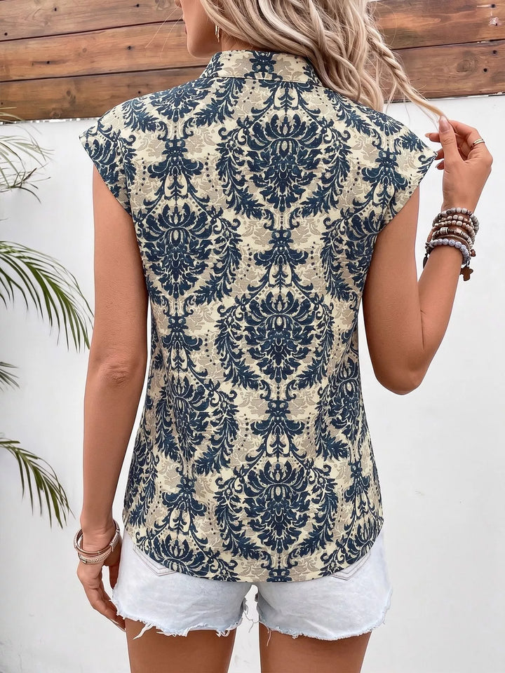Baroque damask print cap sleeve V-neck blouse