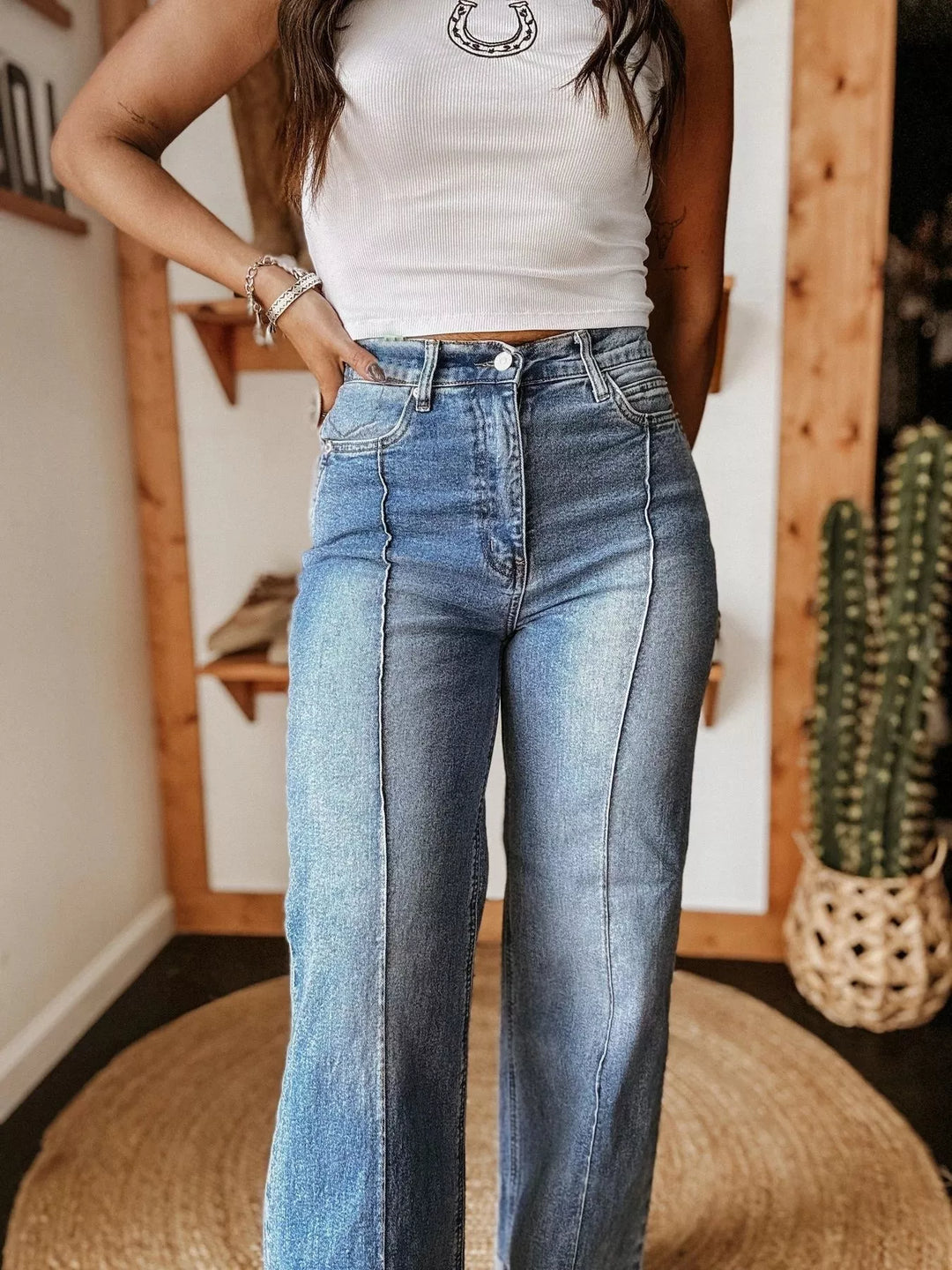 Contrast-seam high-rise wide leg cuffed jeans