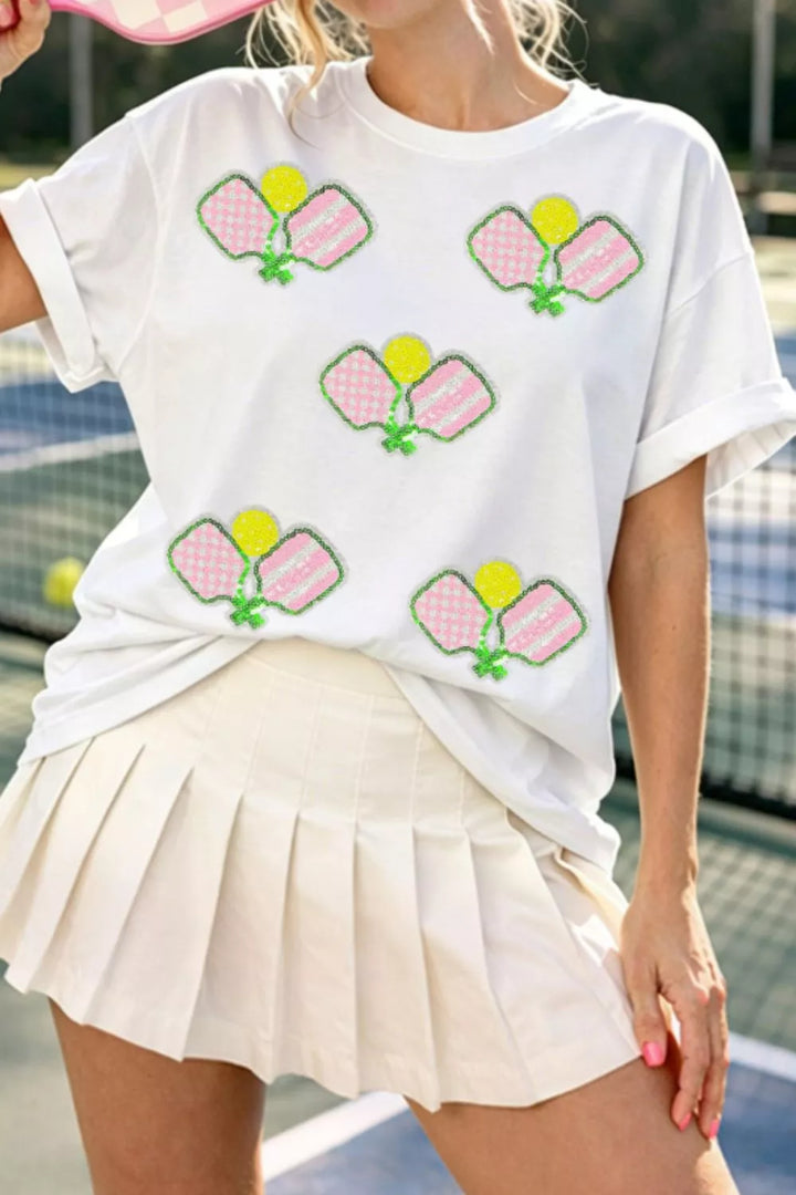 White Scattered sequin pickleball graphic short sleeve tee