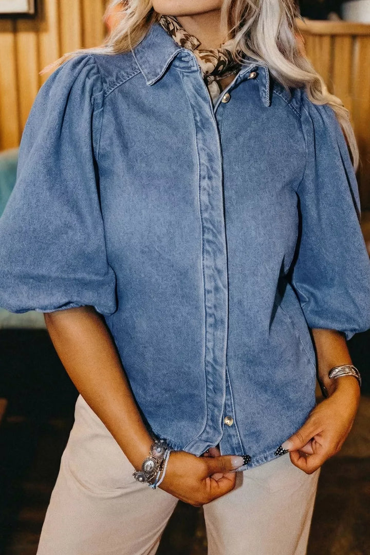 Dusty Blue Puff half-sleeve collared denim button-down shirt