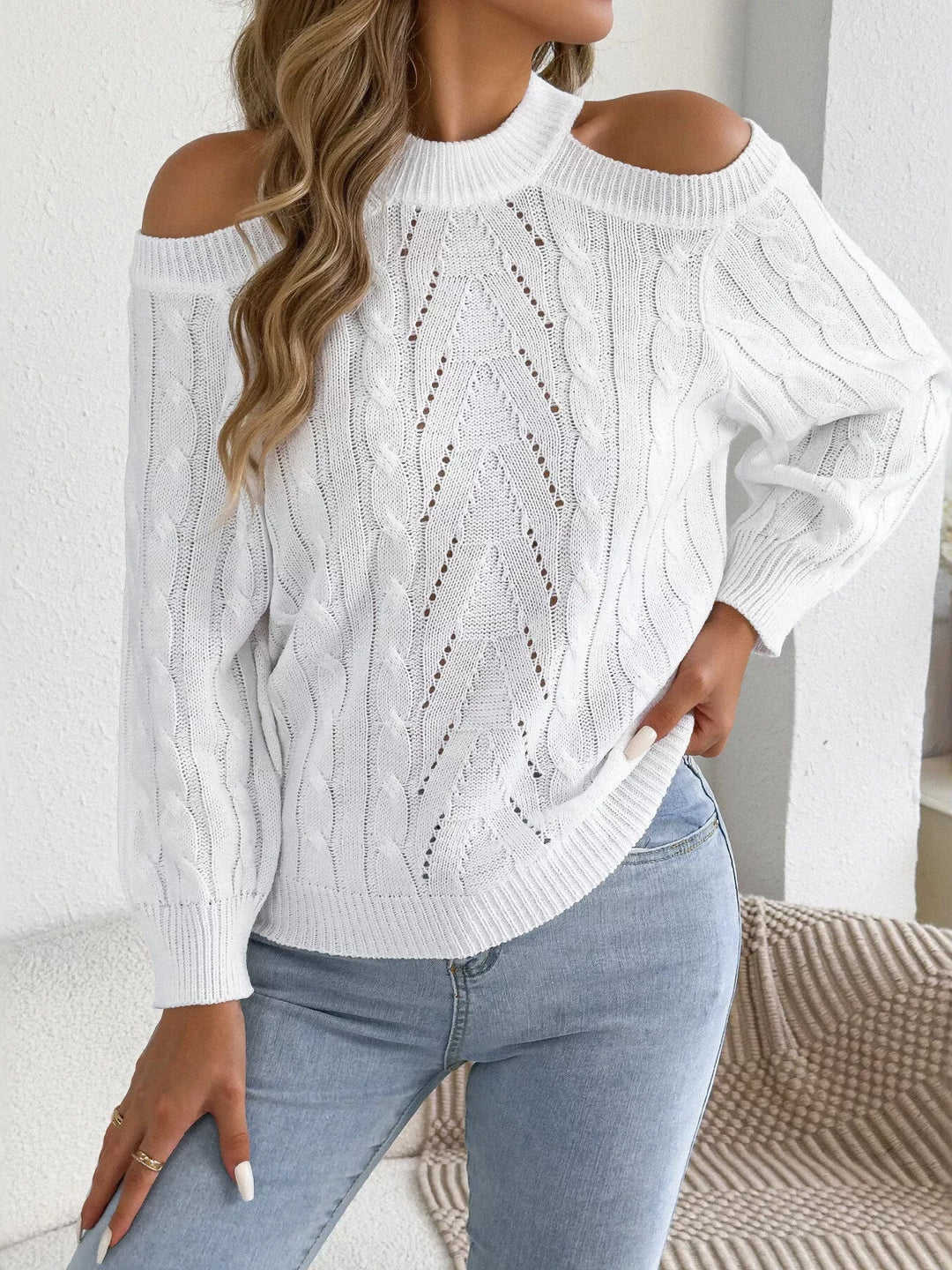 Cold shoulder cable knit mock neck sweater
