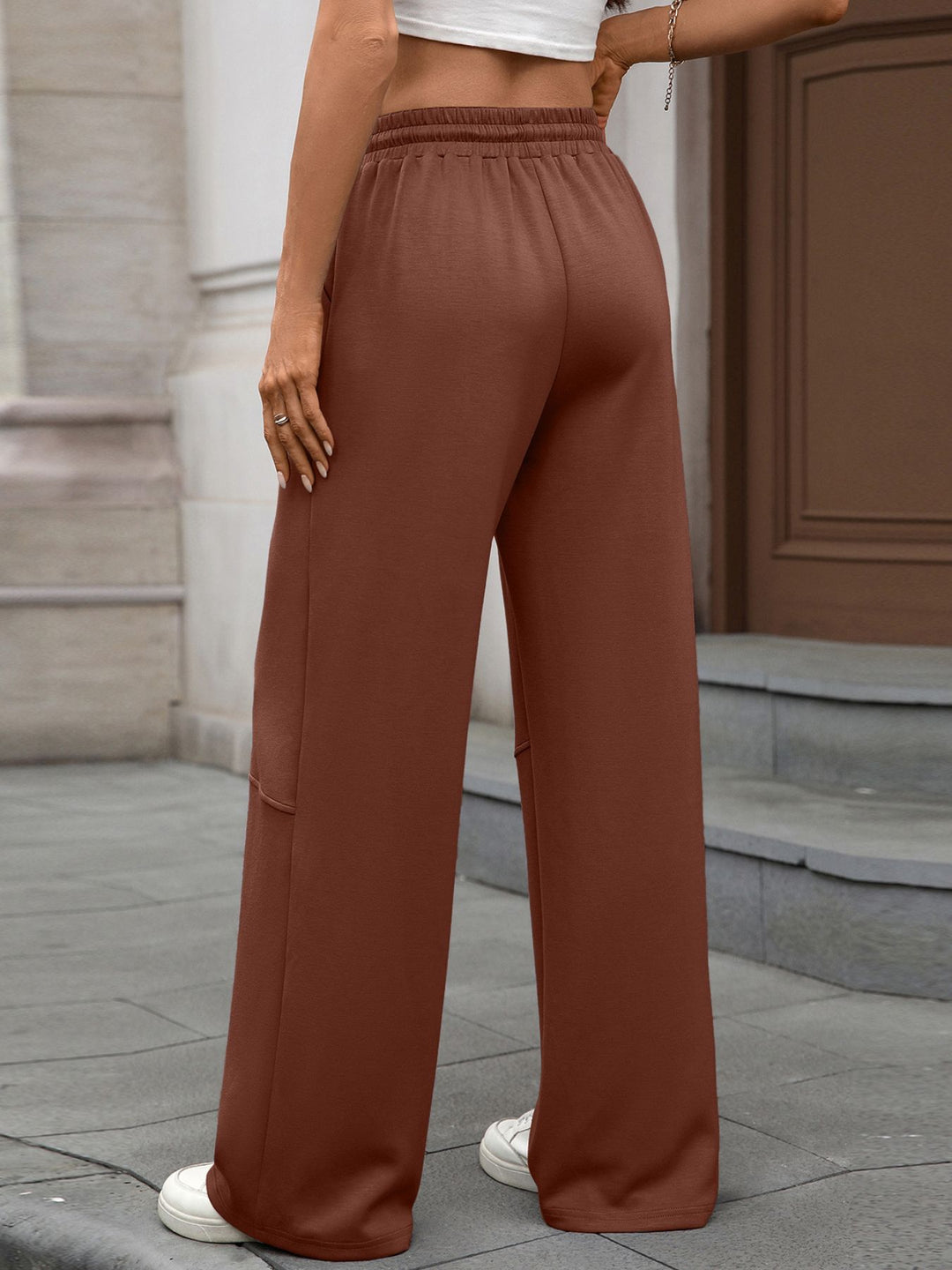 Drawstring high-rise wide leg pants with side pockets