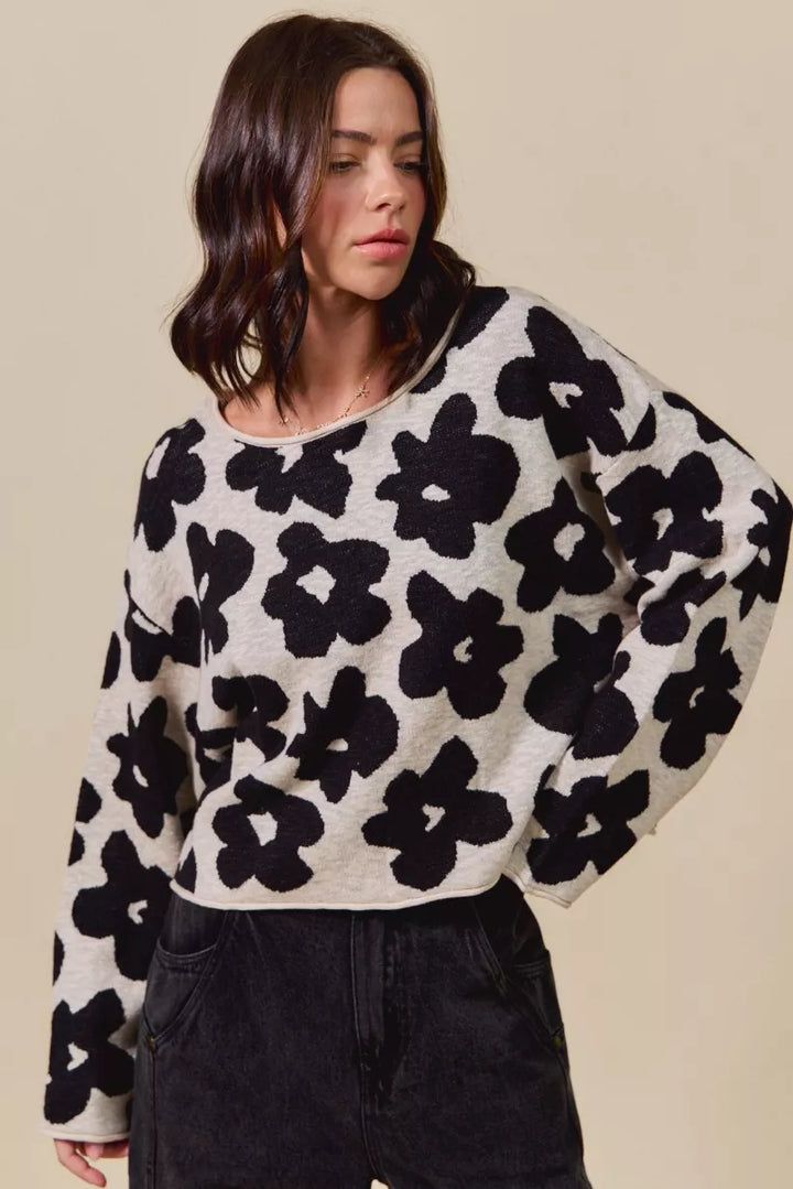BLACK/OATMEAL Lightweight floral knit cropped sweater top