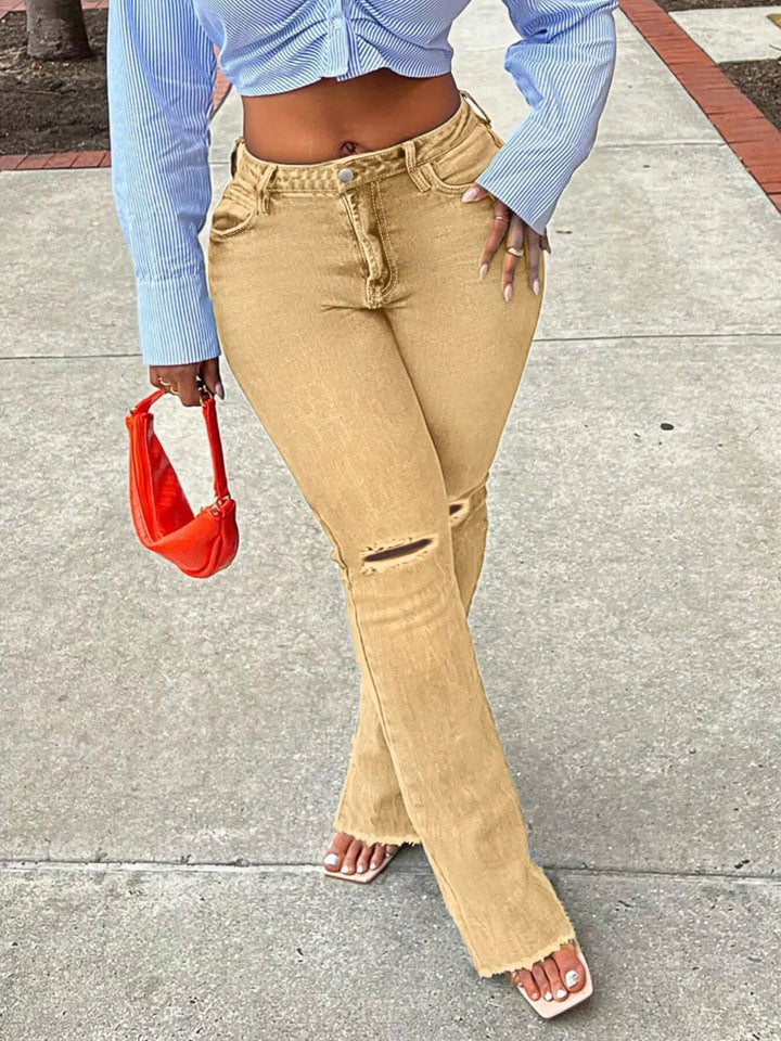 Yellow High-rise ripped knee flare jeans with raw hem